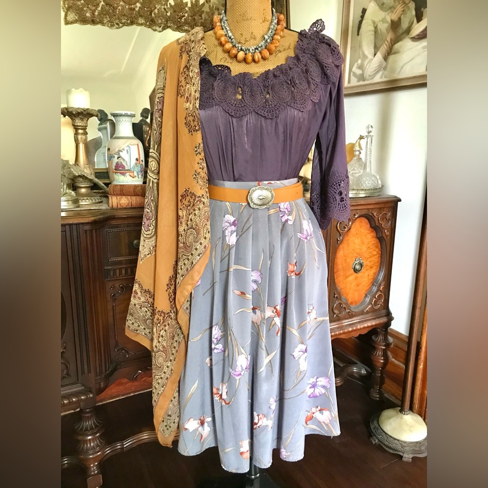 Vintage 80’s Boho Country Gypsie Satiny Floral Skirt, Modern Blouse & Shawl Set